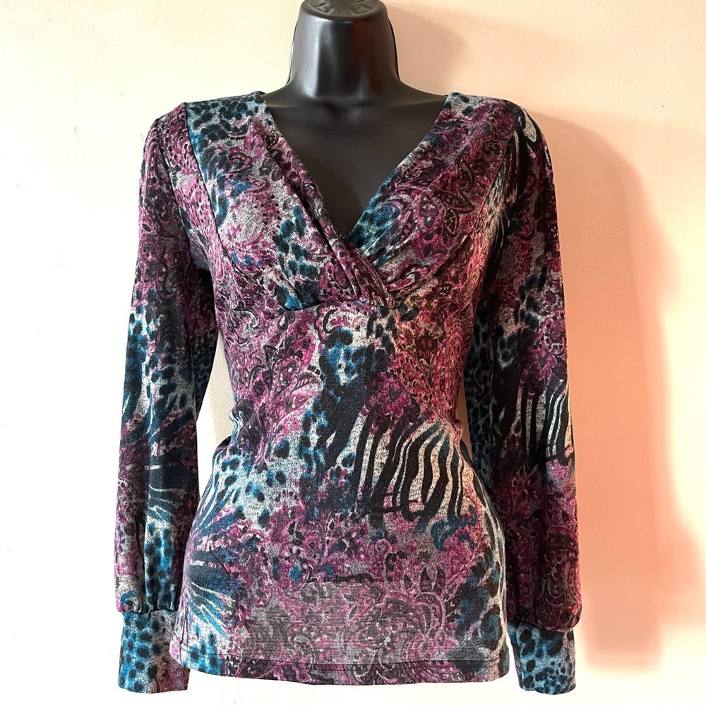 Y2k Christopher Banks crossover blouse S dark floral babydoll stretch